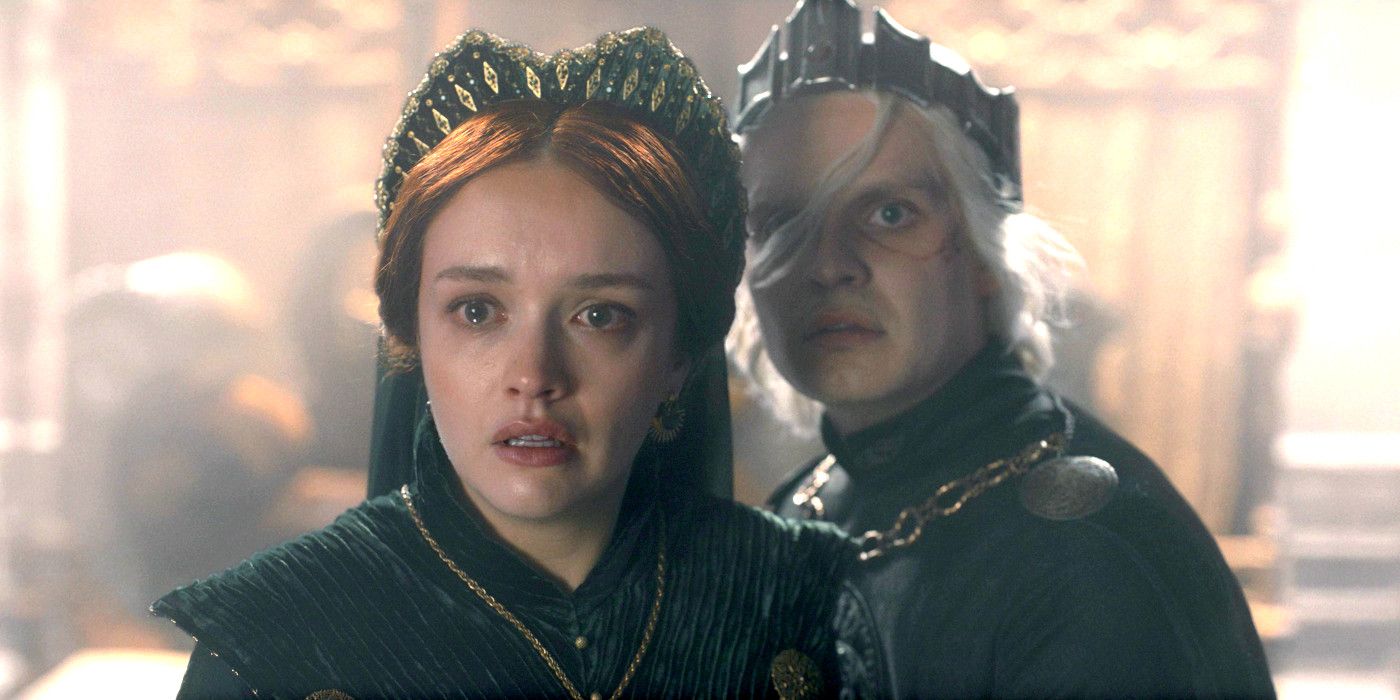 Alicent and Aegon in House of the Dragon season 1 looking on with emotion as a dramatic event takes place