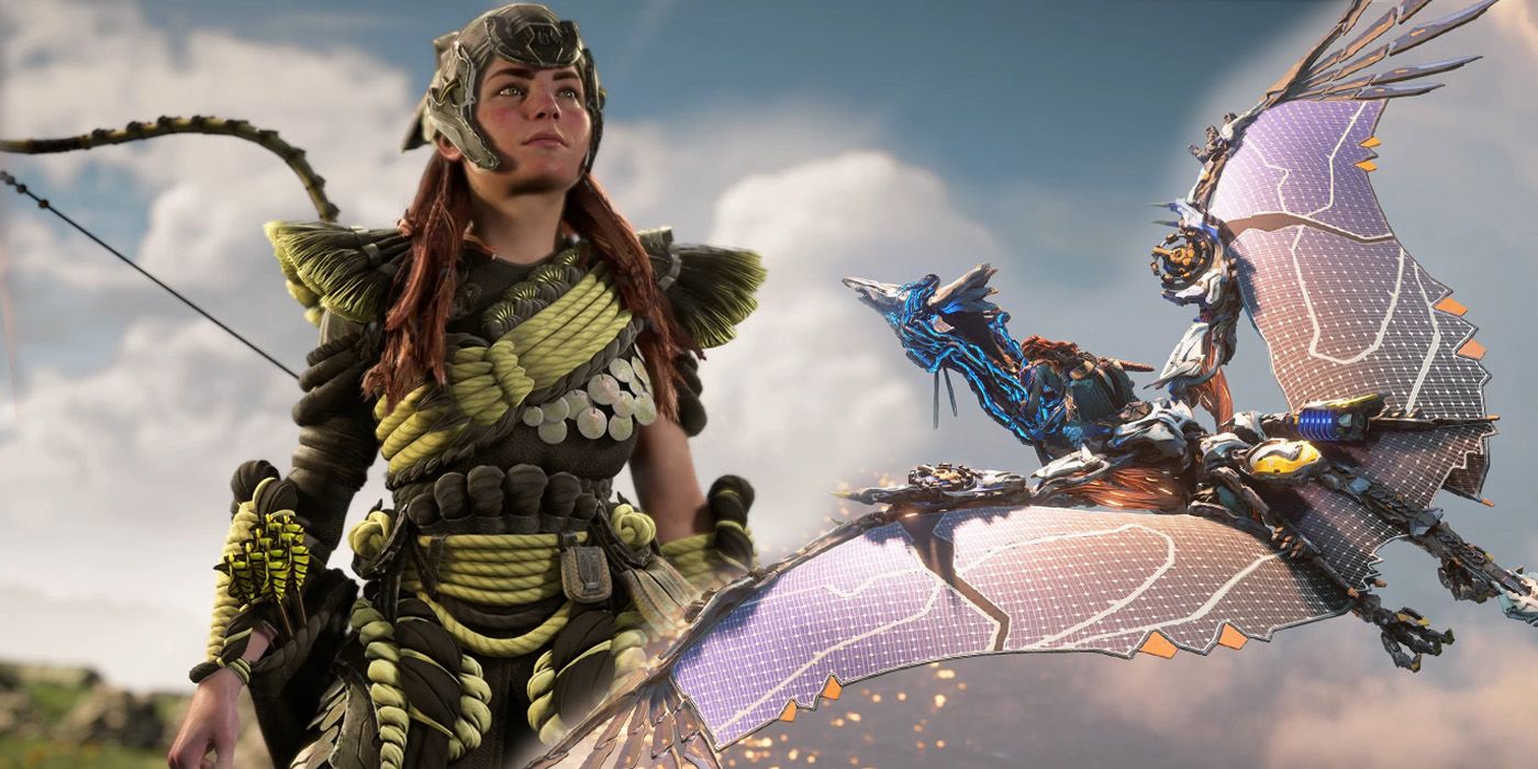 Aloy from burning shores looking up at the sky from the left and her and sekya on the back of waterwing on the right