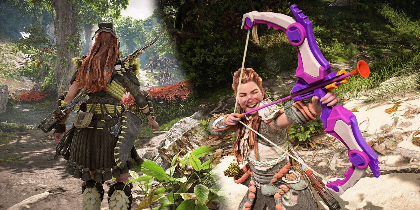 Aloy smiling and aiming bow and Aloy from behind