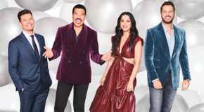 American Idol host Ryan Seacrest and judges Lionel Richie, Katy Perry and Luke Bryan smiling with backdrop of large translucent balloons