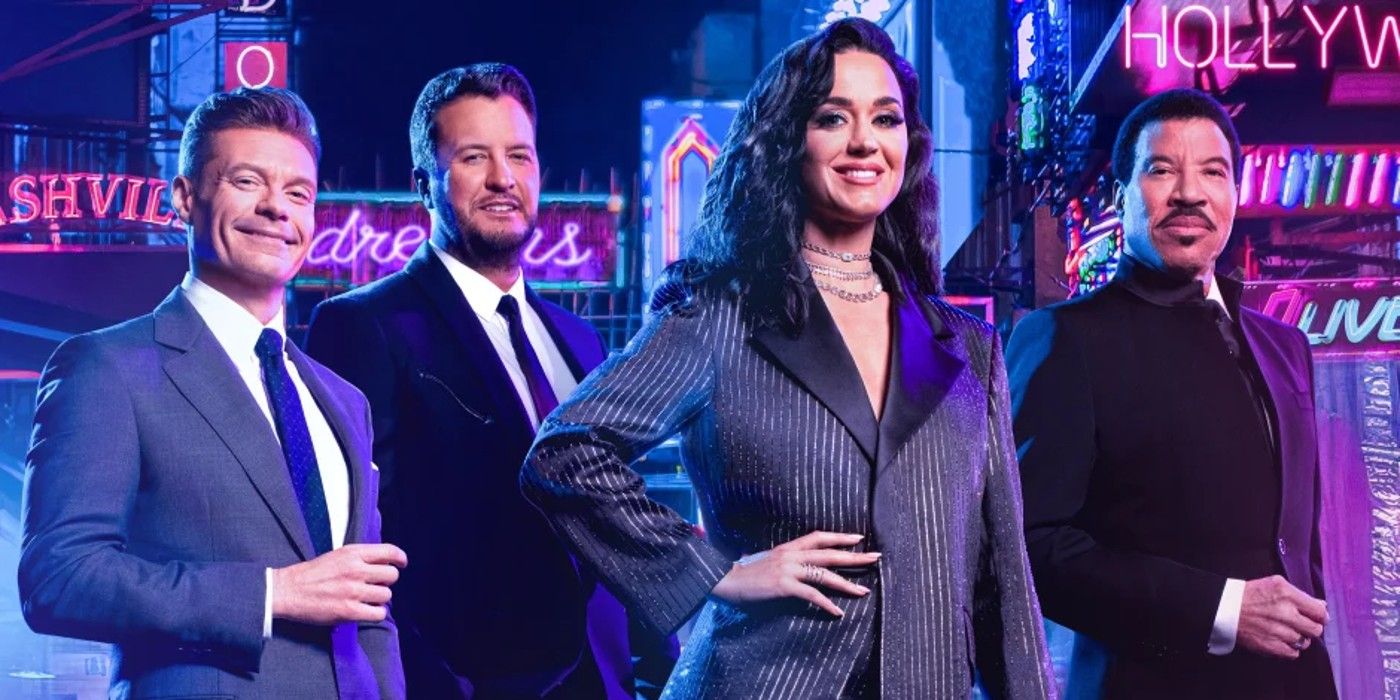 American Idol Season 21 Host Ryan Seacrest & Judges Luke Bryan, Katy Perry and Lionel Richie smile and pose together with neon Nashville and Hollywood signs