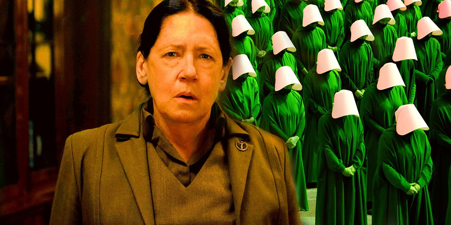 An image of Aunt Lydia standing in front of a group of Handmaids wearing green robes