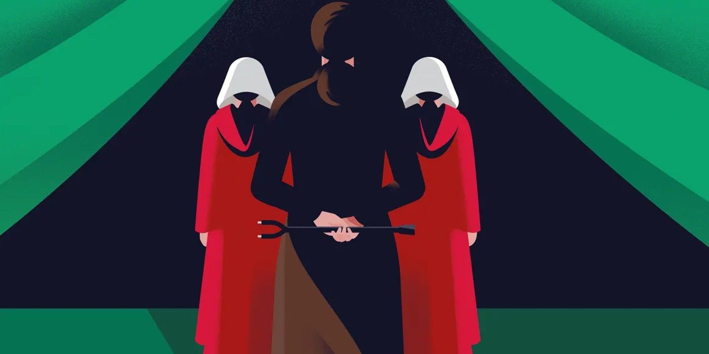 An image of Aunt Lydia standing in front of two Handmaids in Testament artwork