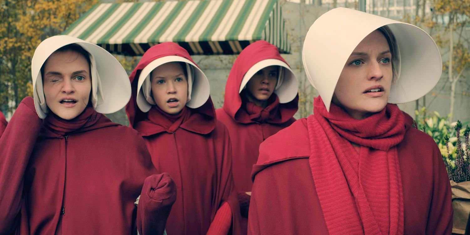 An image of June and the other Handmaids looking shocked in The Handmaid's Tale