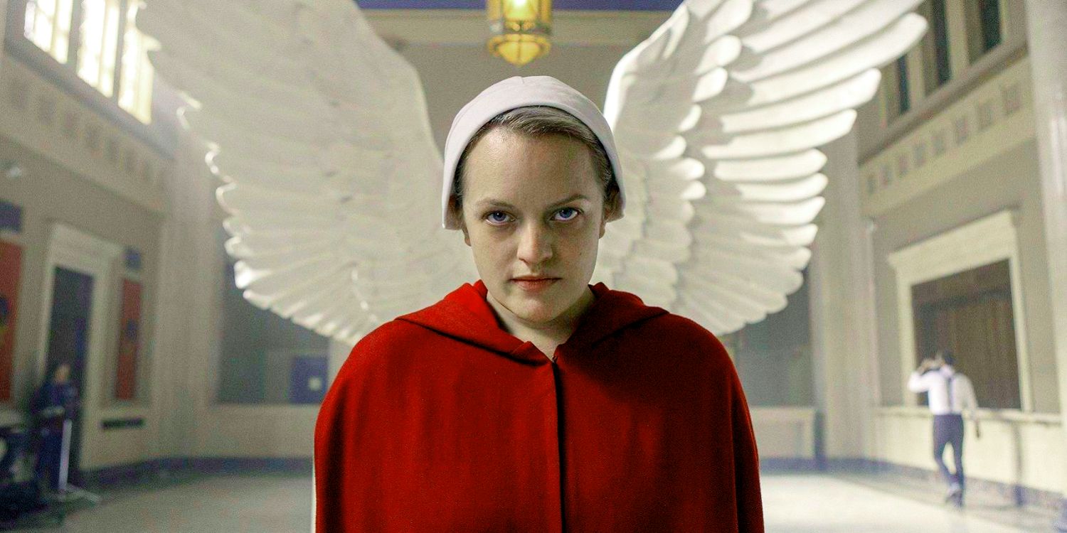 Una imagen de June Osborne parada frente a alas de ángel en The Handmaid's Tale