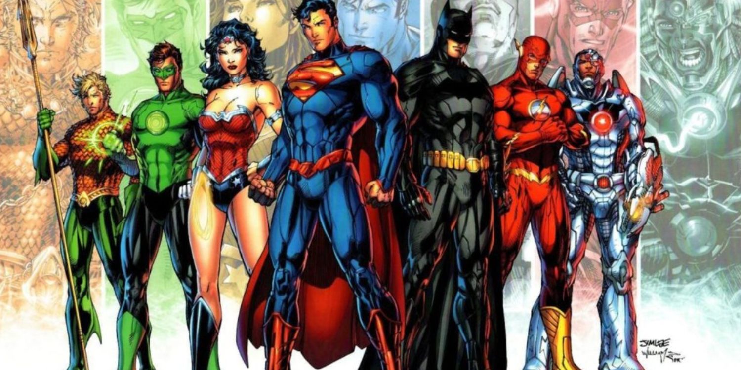 An image of the Justice League standing together in the comics