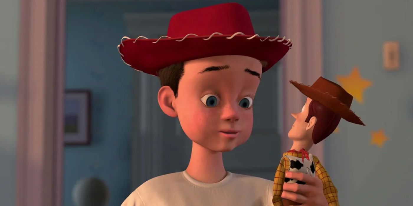Andy holding Woody in Toy Story.