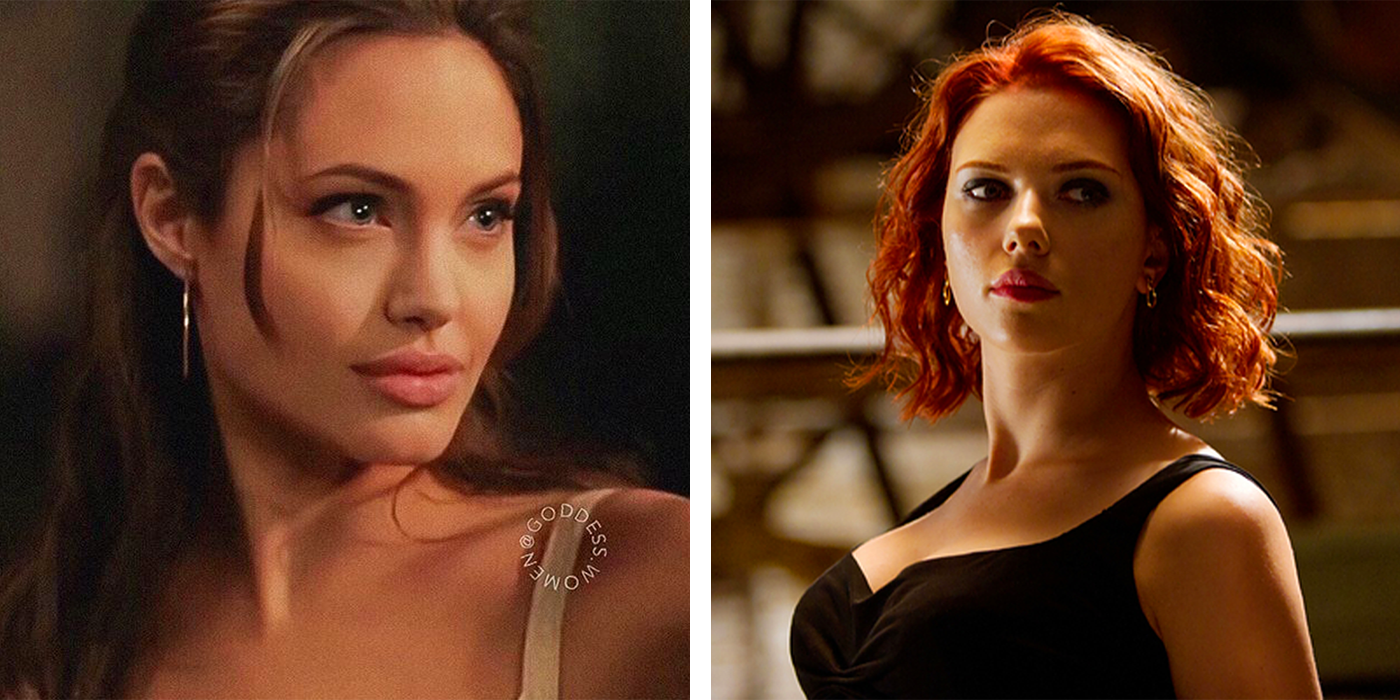 Angelina Jolie and Scarlett Johansson as Black Widow