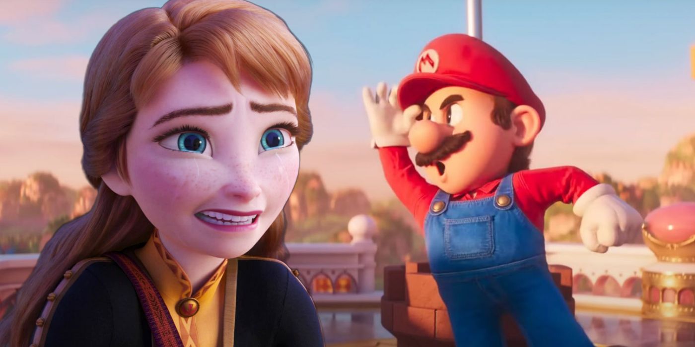 Anna crying in Frozen 2 with Super Mario holding his hat up in Super Mario Bros Movie