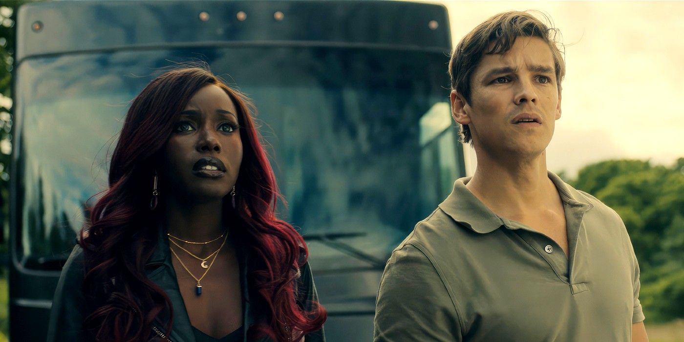 Anna Diop as Kory Starfire and Brenton Thwaites as Dick Nightwing in Titans season 4