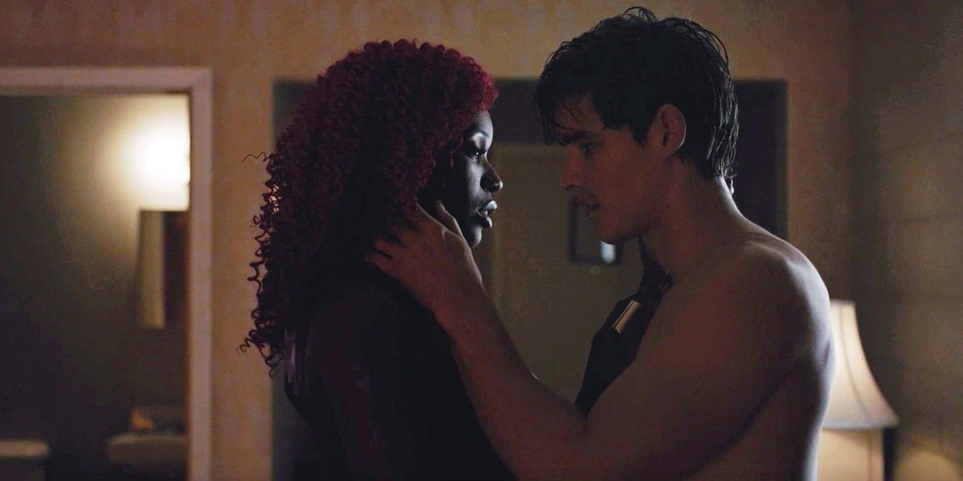 Anna Diop as Kory Starfire and Brenton Thwaites as Dick Nightwing in Titans