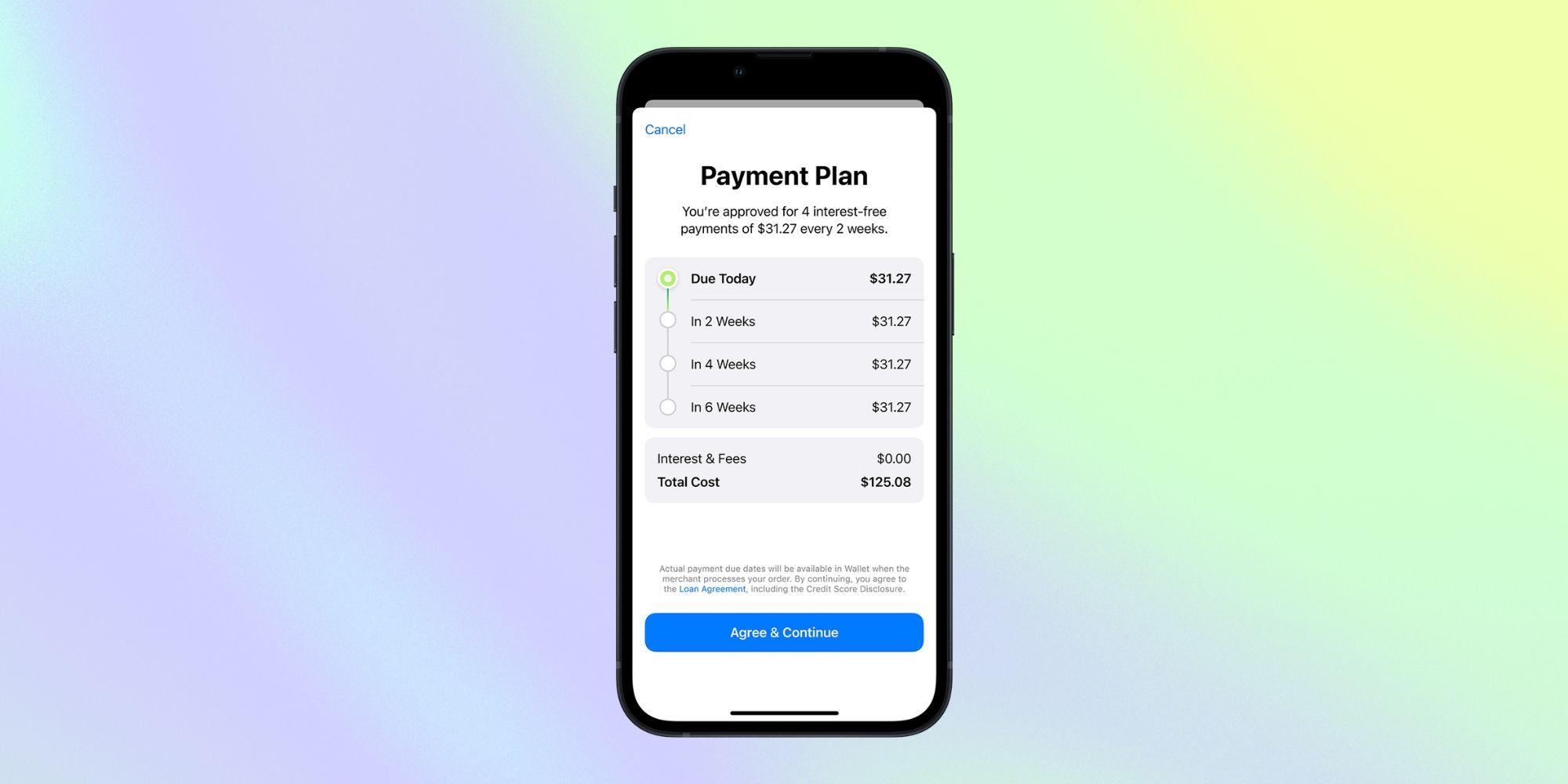 tangkapan layar layar manajemen paket pembayaran Apple Pay Later dengan latar belakang gradien