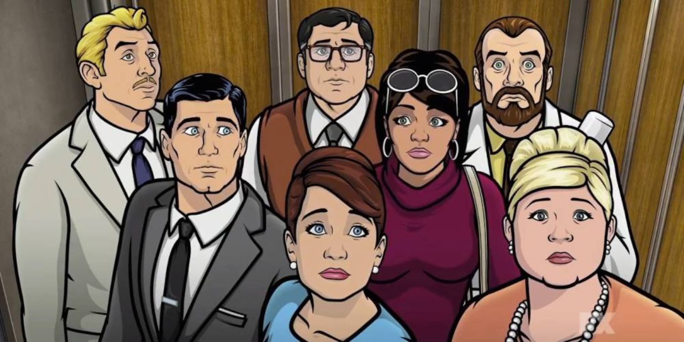 Archer characters looking upwards in a lift