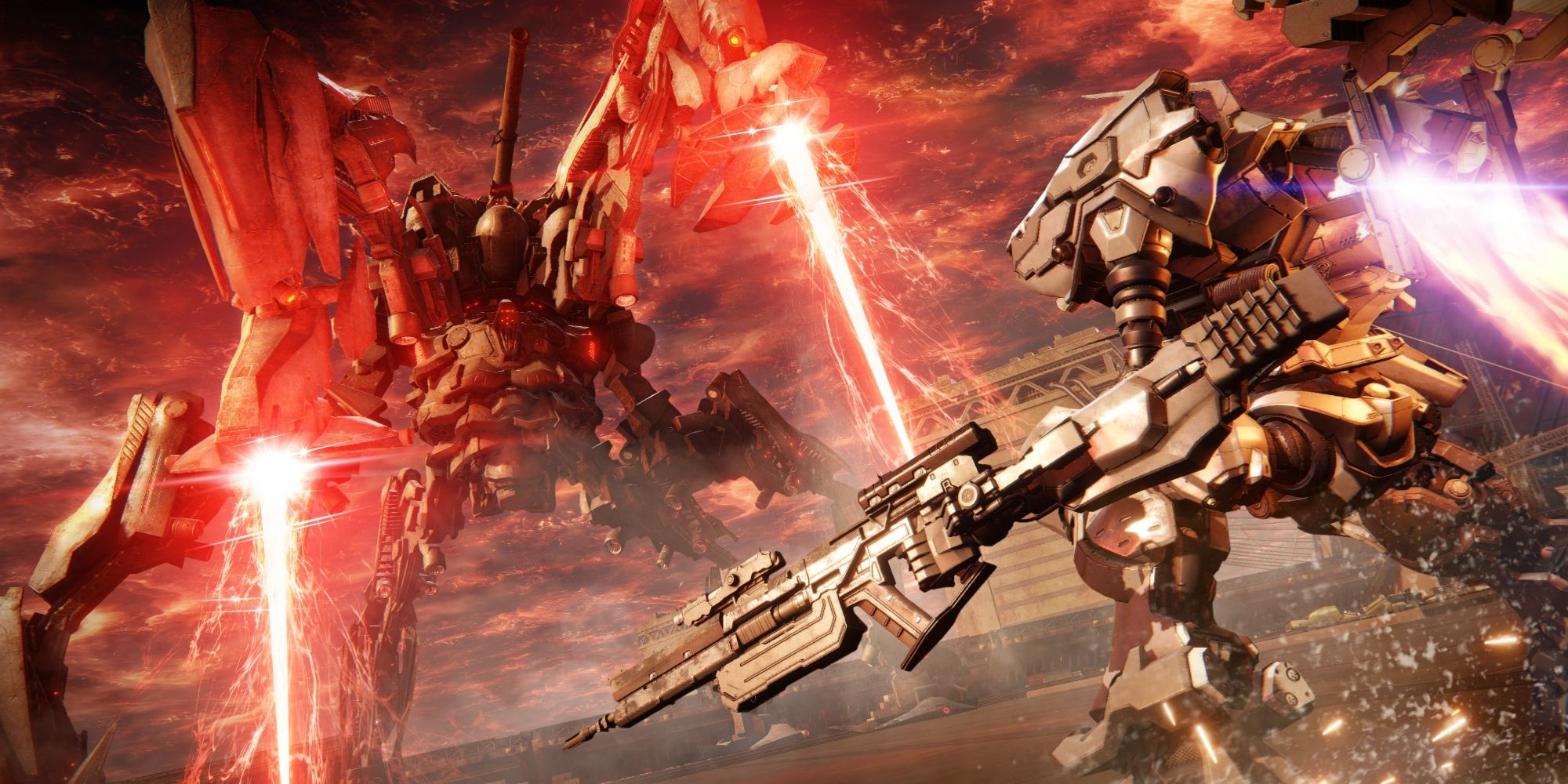 A mech equipped with a large assault rifle battles a massive boss with red lasers emitting from its legs.