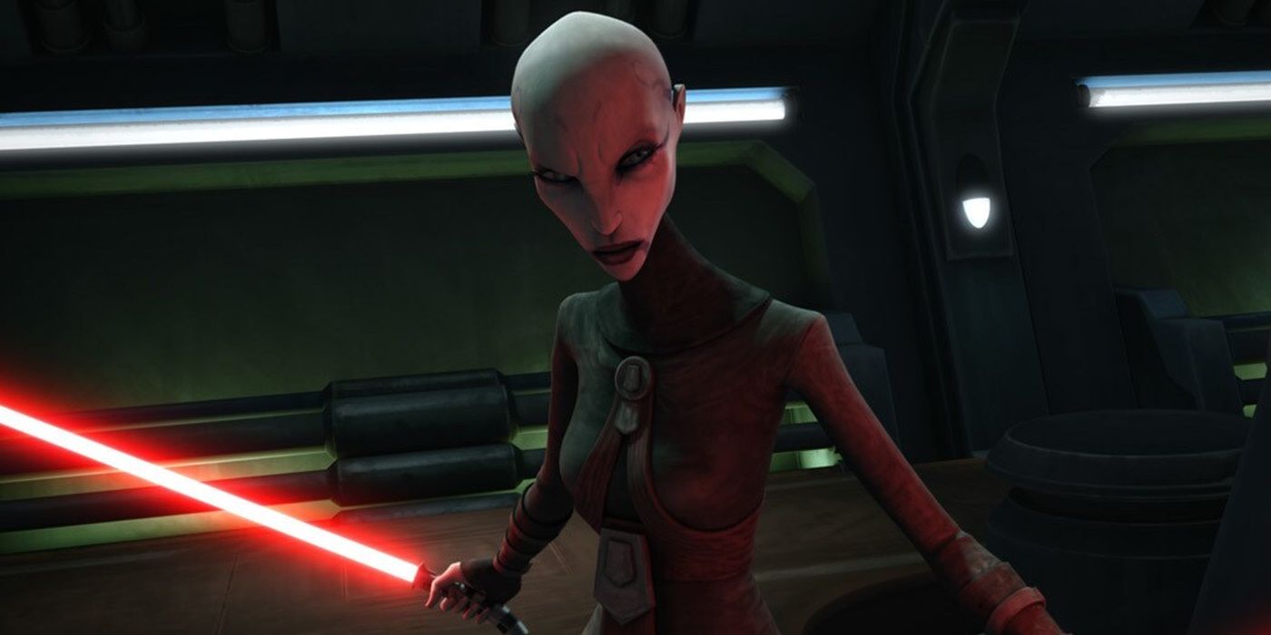 Asajj Ventress stands with her lightsaber ready.