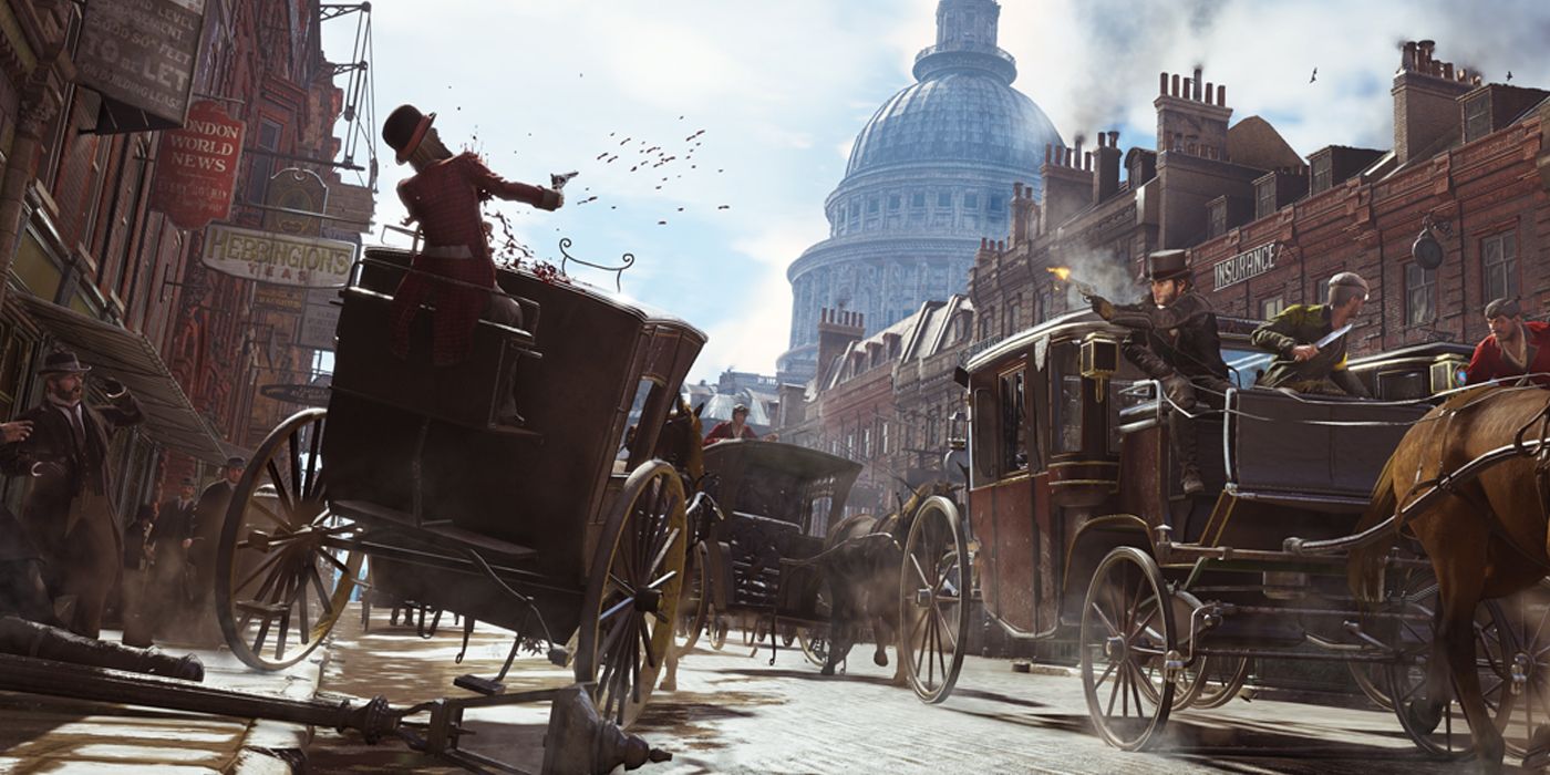 Jacob Frye shoots from a horse-drawn carriage at his target in the Victorian-set Assassin's Creed Syndicate