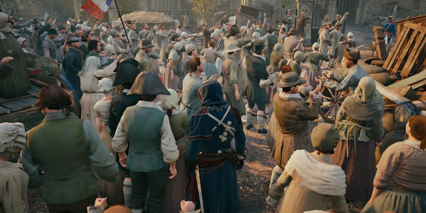Arno standing among a crowd of NPC civilians in Assassin's Creed Unity