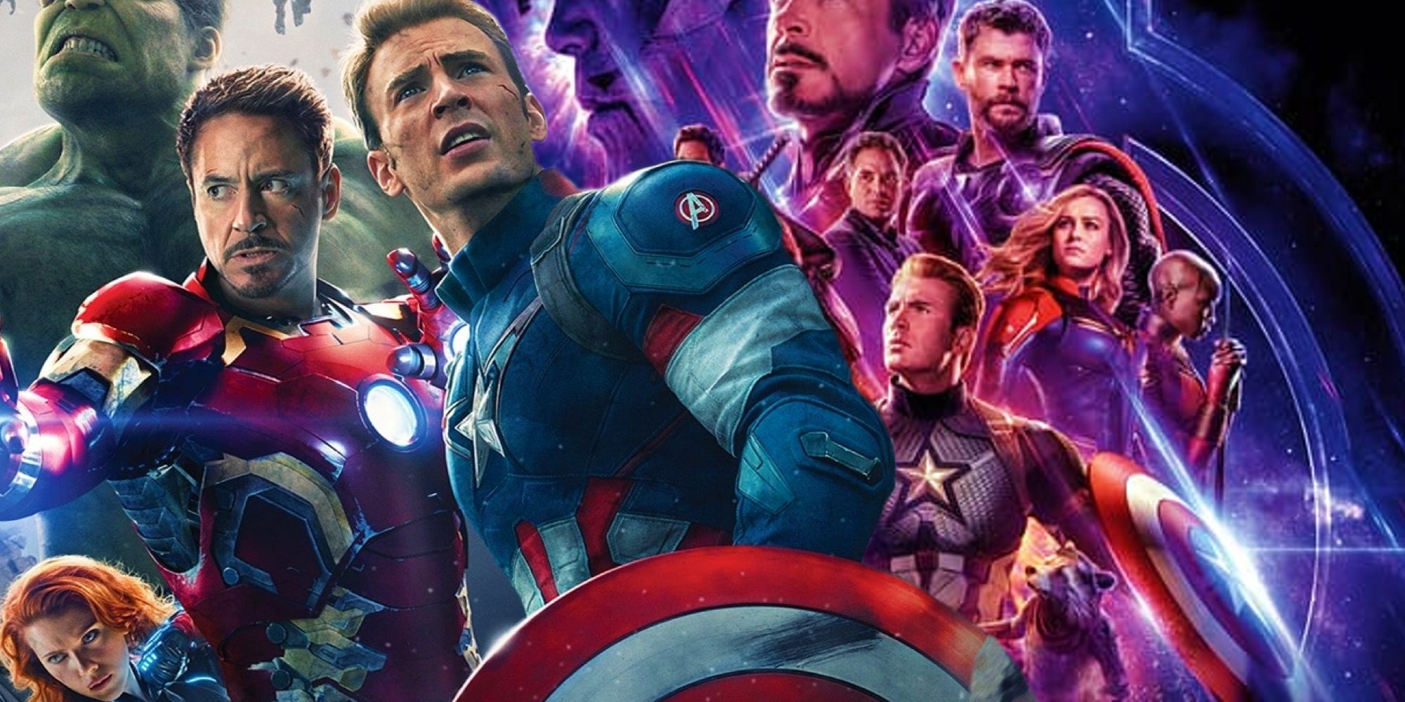 The team from Avengers: Age of Ultron next to the poster for Avengers Endgame