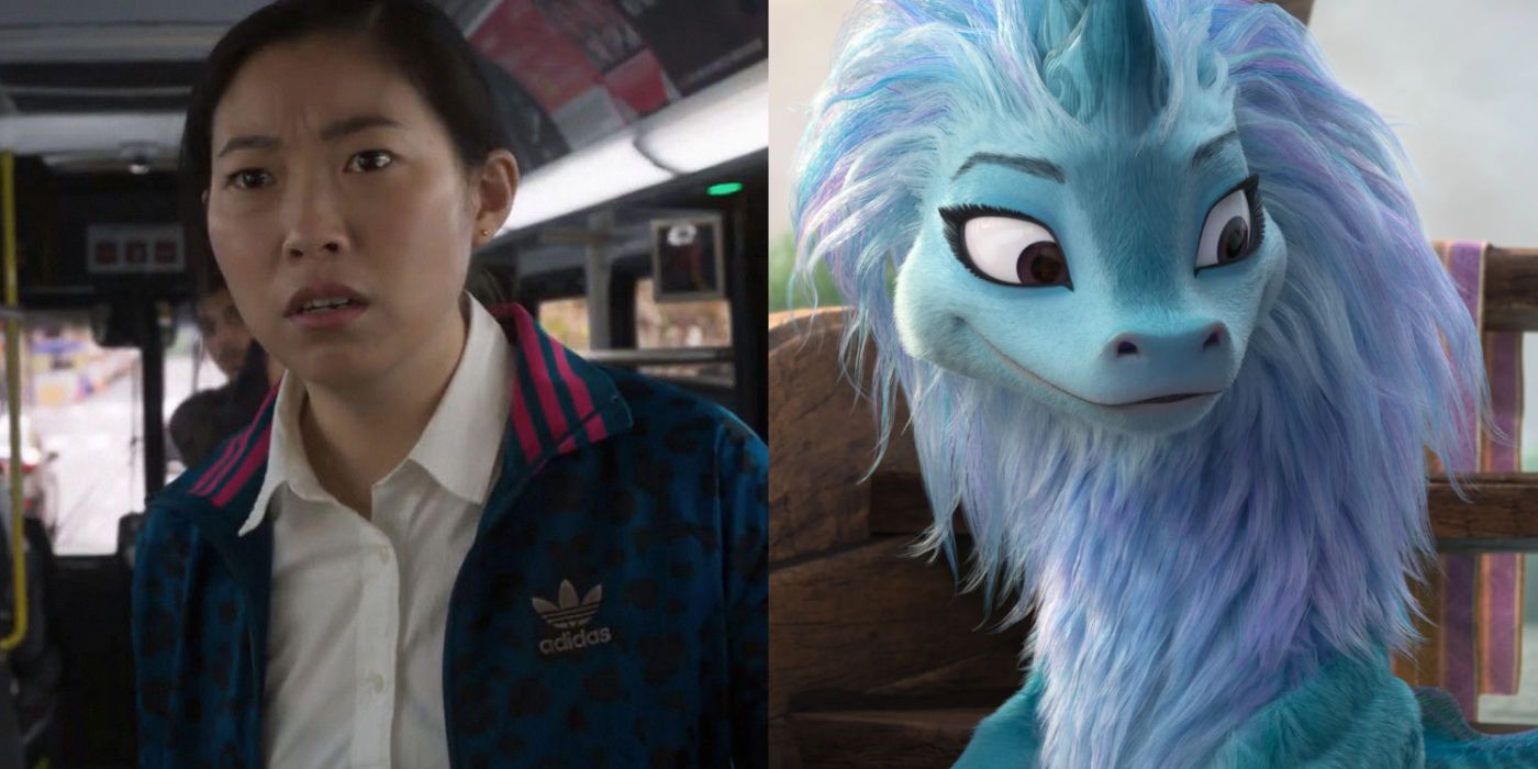 Split image of Awkwafina in Shang-Chi and Raya and the Last Dragon