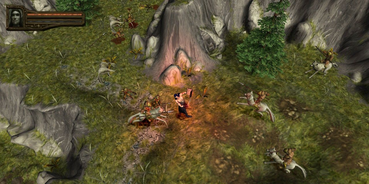 Baldur's Gate Dark Alliance 2, characters being attacked by goblins on wolves