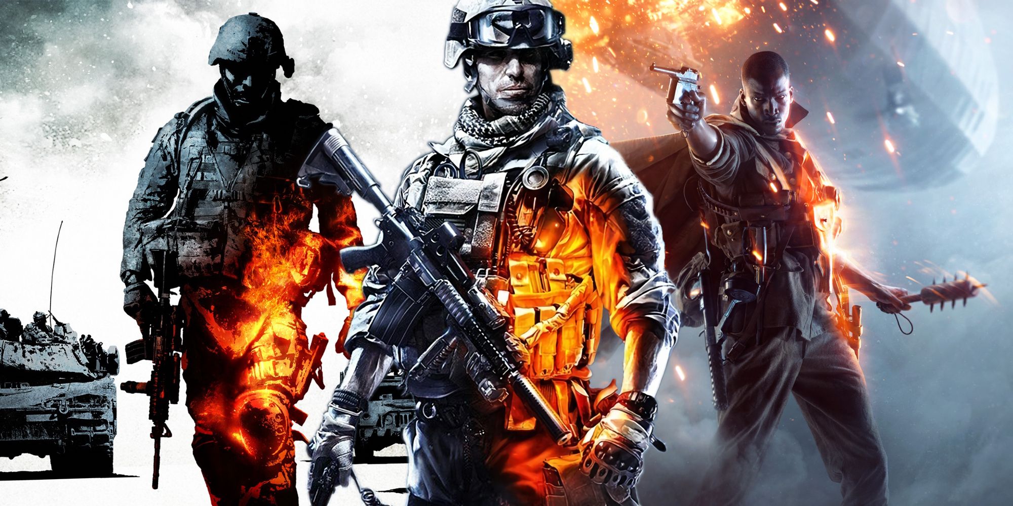 The cover arts for Battlefield: Bad Company 2 and Battlefield 1 behind the cover soldier from Battlefield 3.