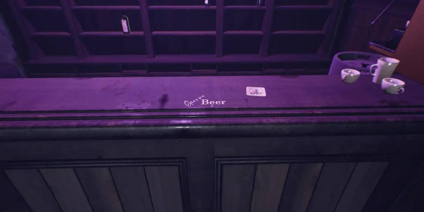 Demonologist Pub Starting Hub with Secret Beer Word Marked Across Bar for Players to Unlock