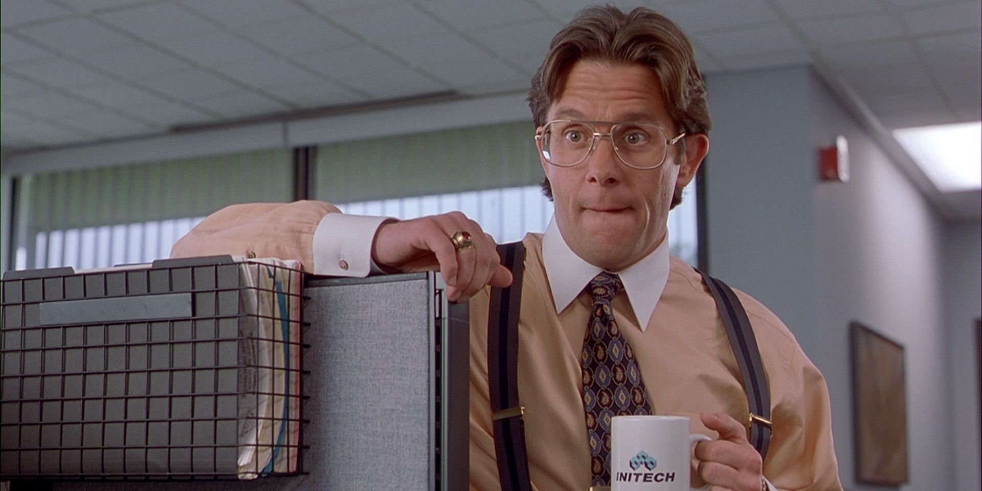 Bill Lumbergh with a coffee mug in Office Space