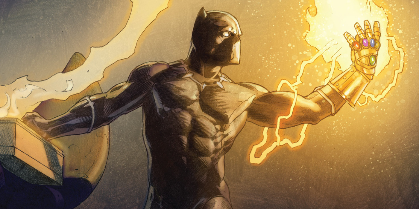 pantera negra deteniendo la incursión con el guantelete infinito en marvel comics secret wars