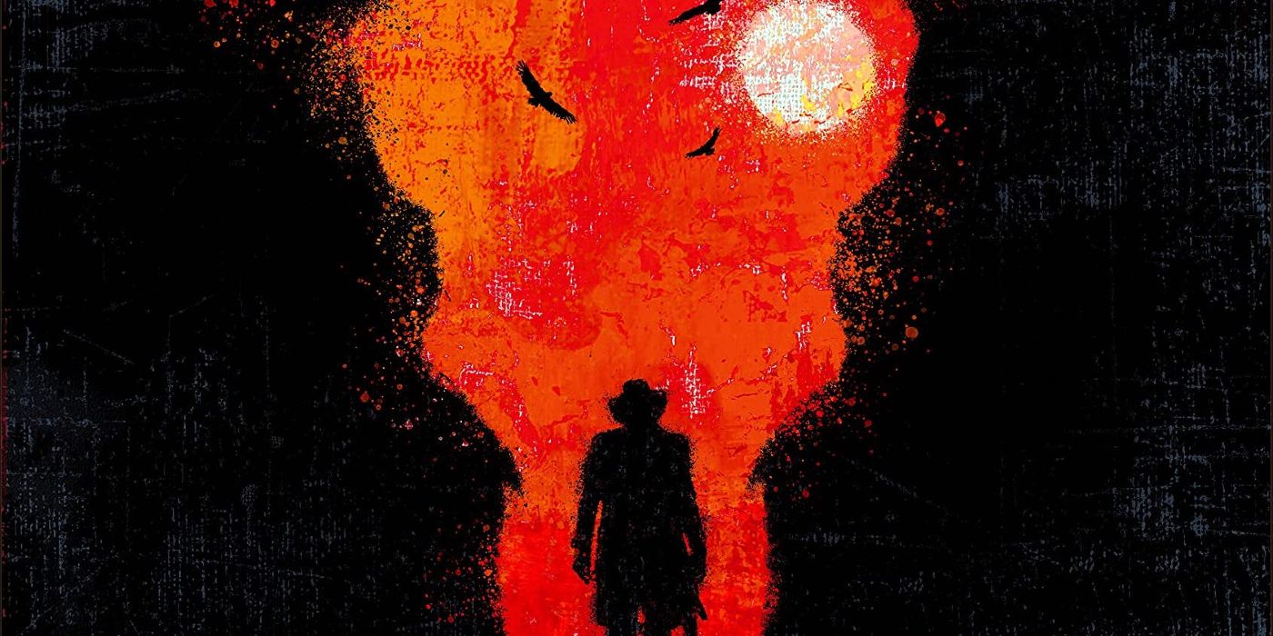 Blood Meridian Cover Art with a person in the center and birds circling in the sky