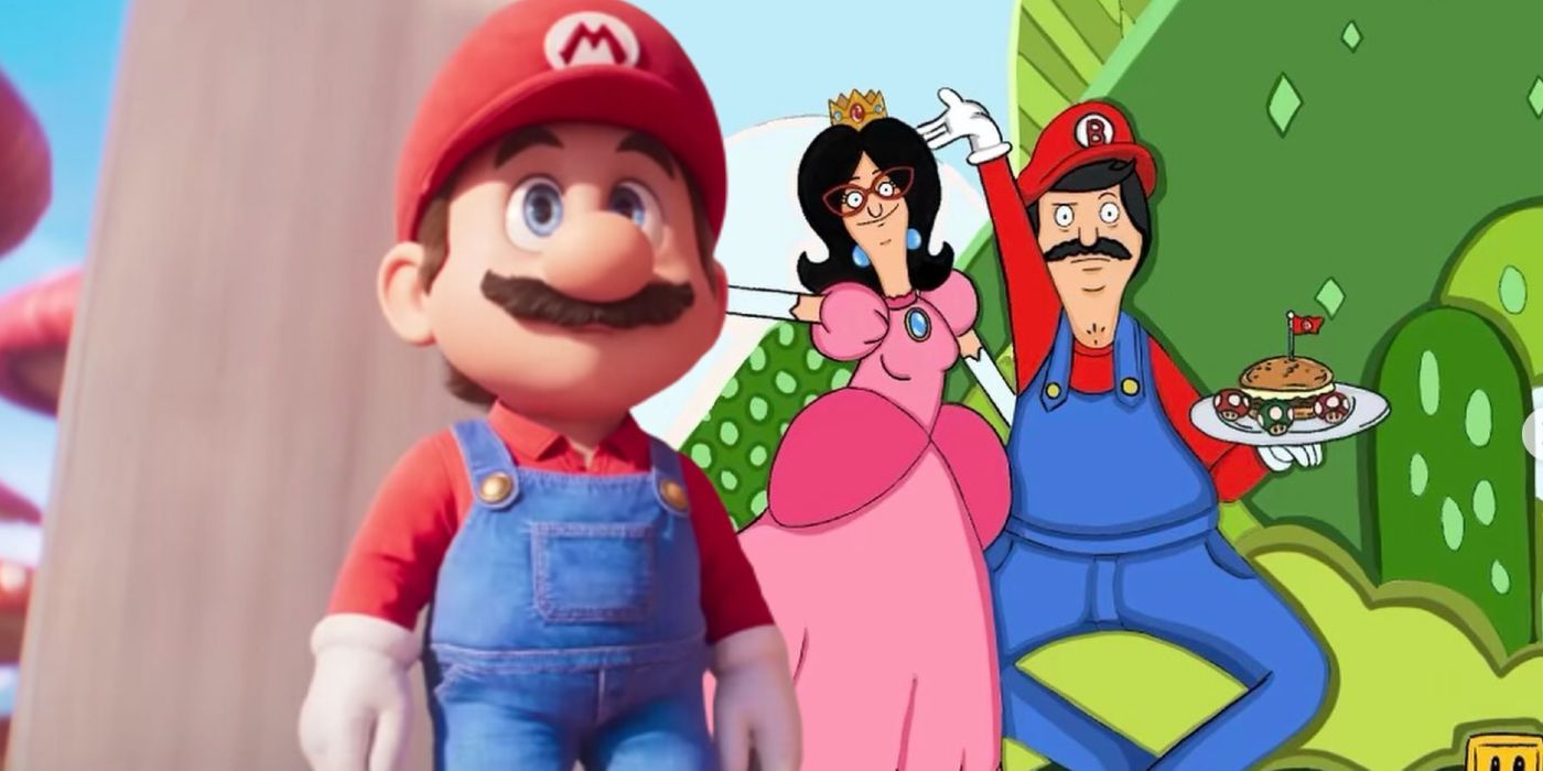 Custom image of Mario and a piece of Super Mario Bros. Movie/ Bob's Burgers crossover art.
