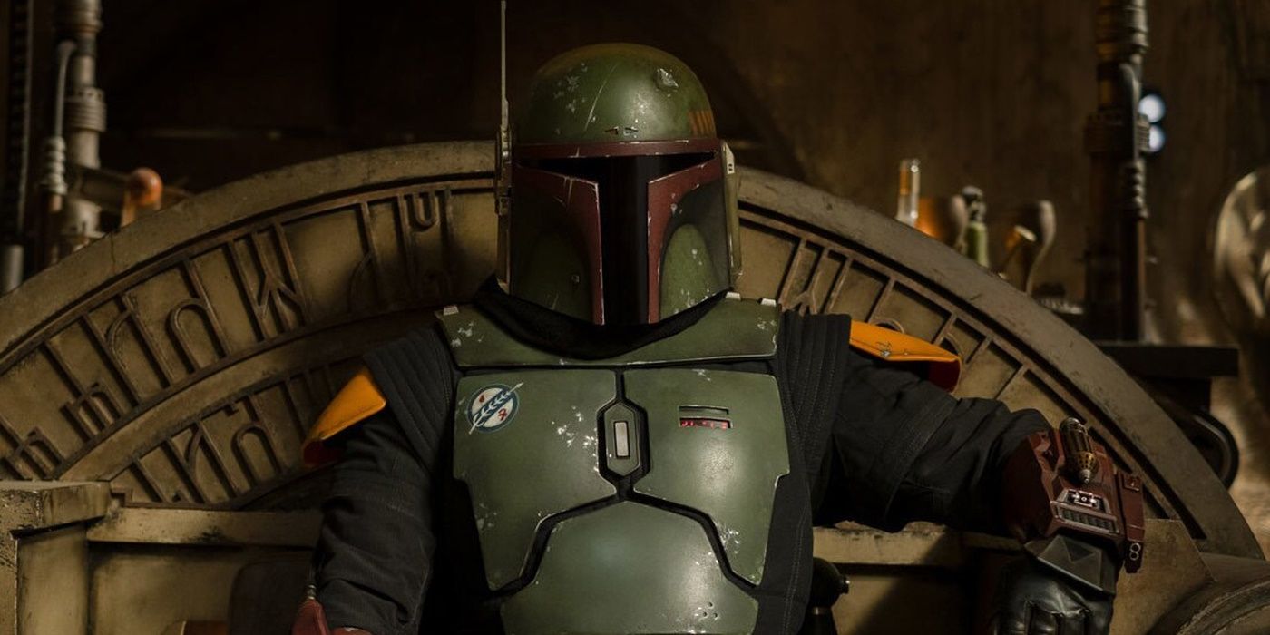 Boba Fett está sentado em seu trono com uma armadura Mandaloriana completa.