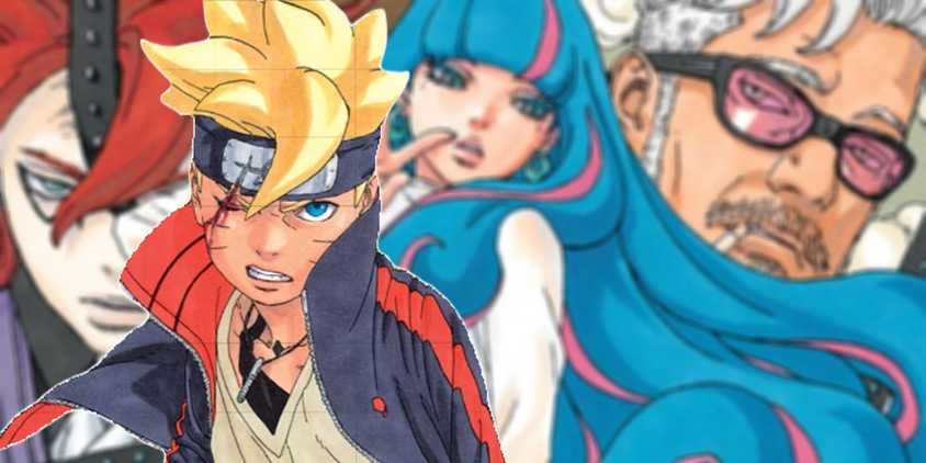 Boruto With His Eye Cut Against a Backdrop of Villains.