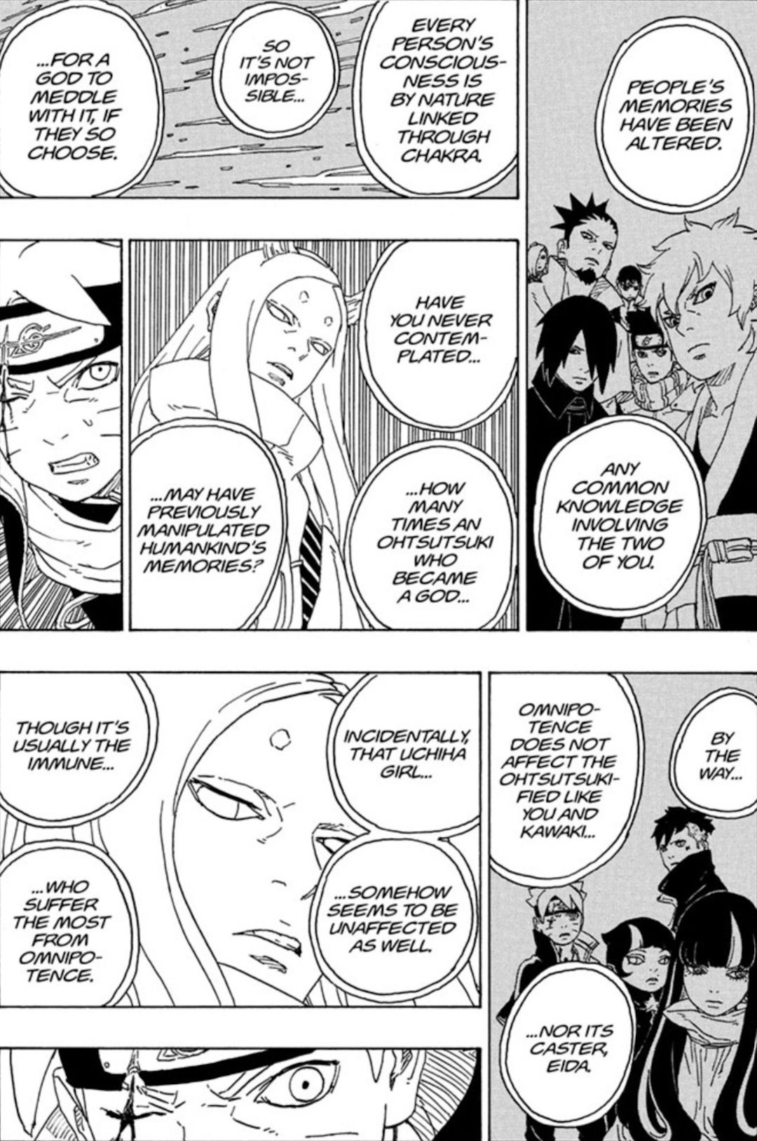 Panel from Boruto manga chapter 79 where Momoshiki explains to Boruto how Eida's brainwashing ability has changed the memories of people around the world and how the unaffected will have it worse off.