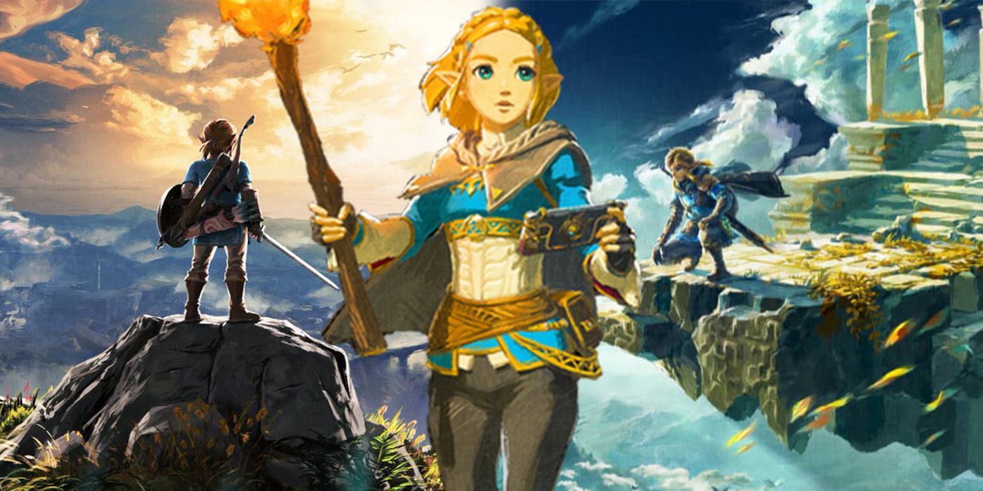 The promotional art for Breath of the Wild on the left, and the promotional art for Tears of the Kingdom on the right. Princess Zelda from TOTK is in the middle.
