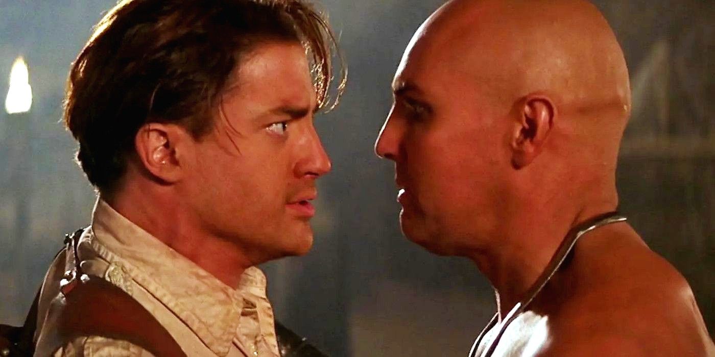 Brendan Fraser and Arnold Vosloo as Rick and Imhotep in The Mummy
