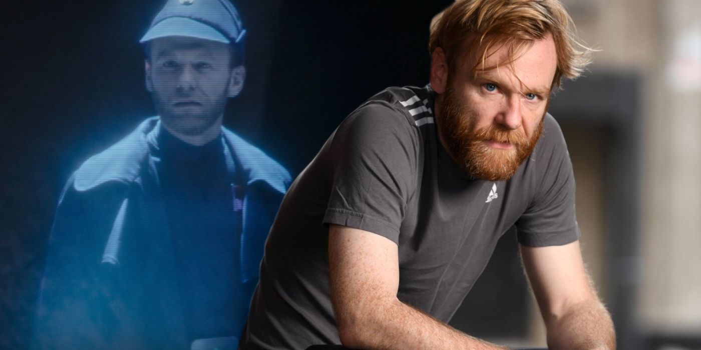 Brendol Hux as a hologram next to actor Brian Gleeson