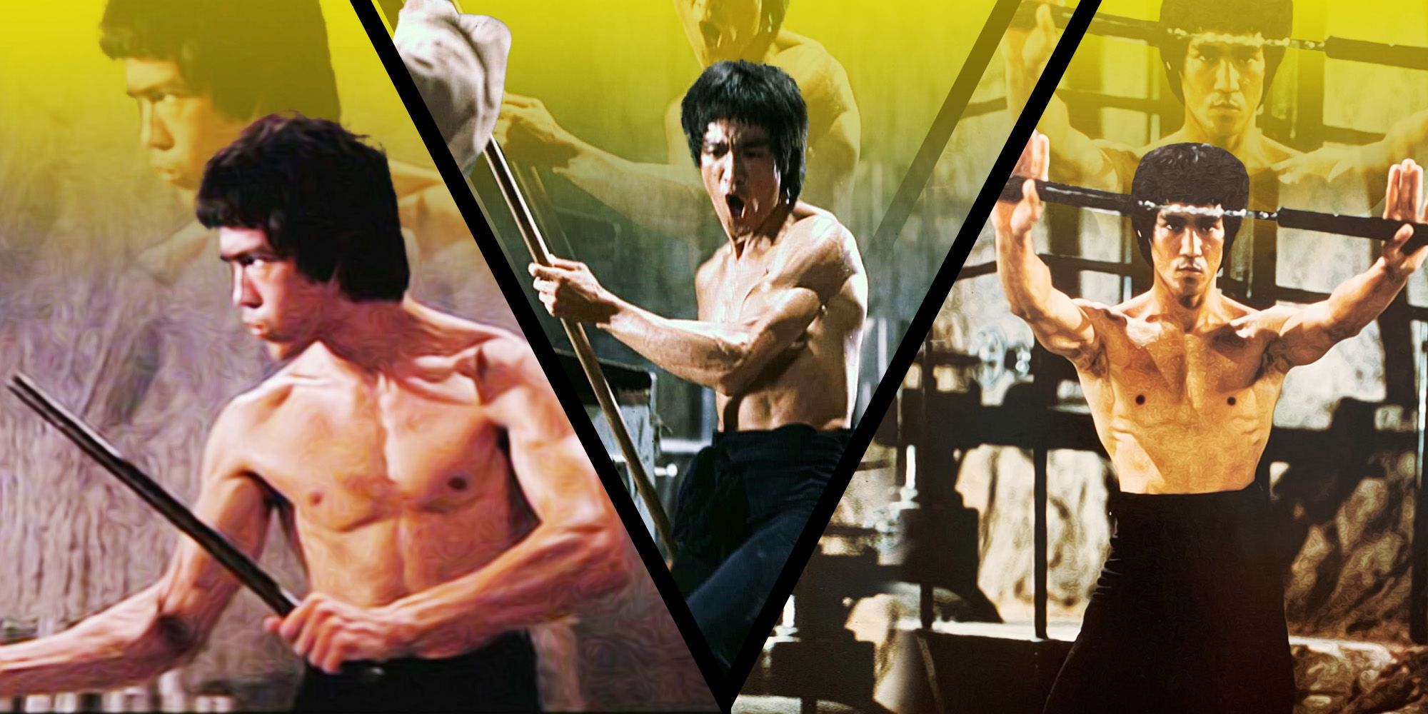 Three images of Bruce Lee in Enter the Dragon