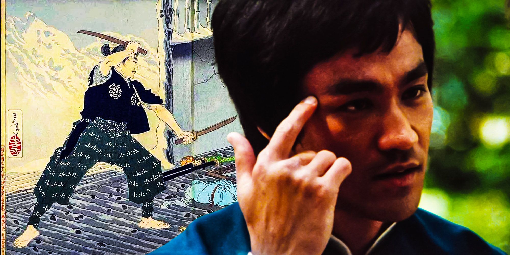 Collage of Bruce lee in Enter the Dragon and Tsukahara Bokuden