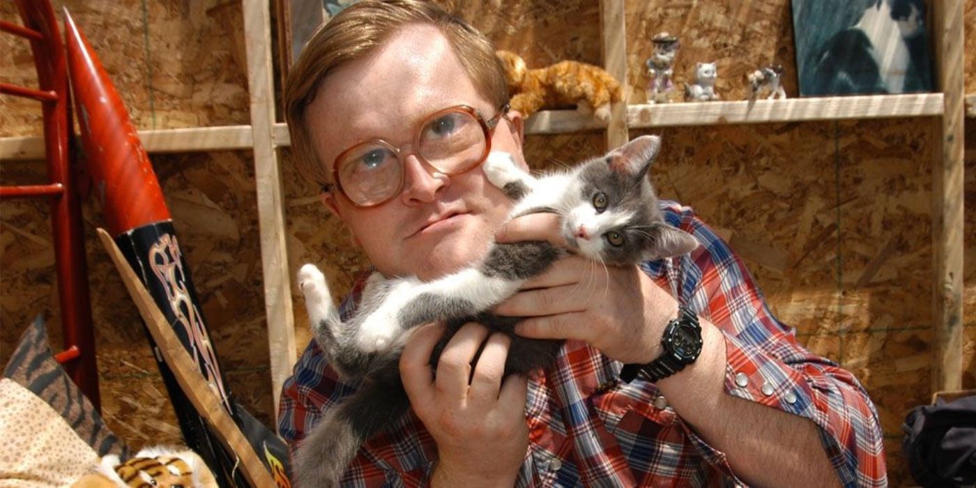 Bubbles holding a cat in Trailer Park Boys
