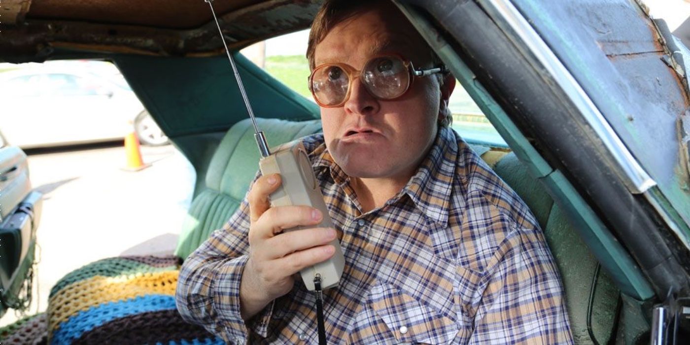 Bubbles looking scared and holding a walkie talkie in Trailer Park Boys