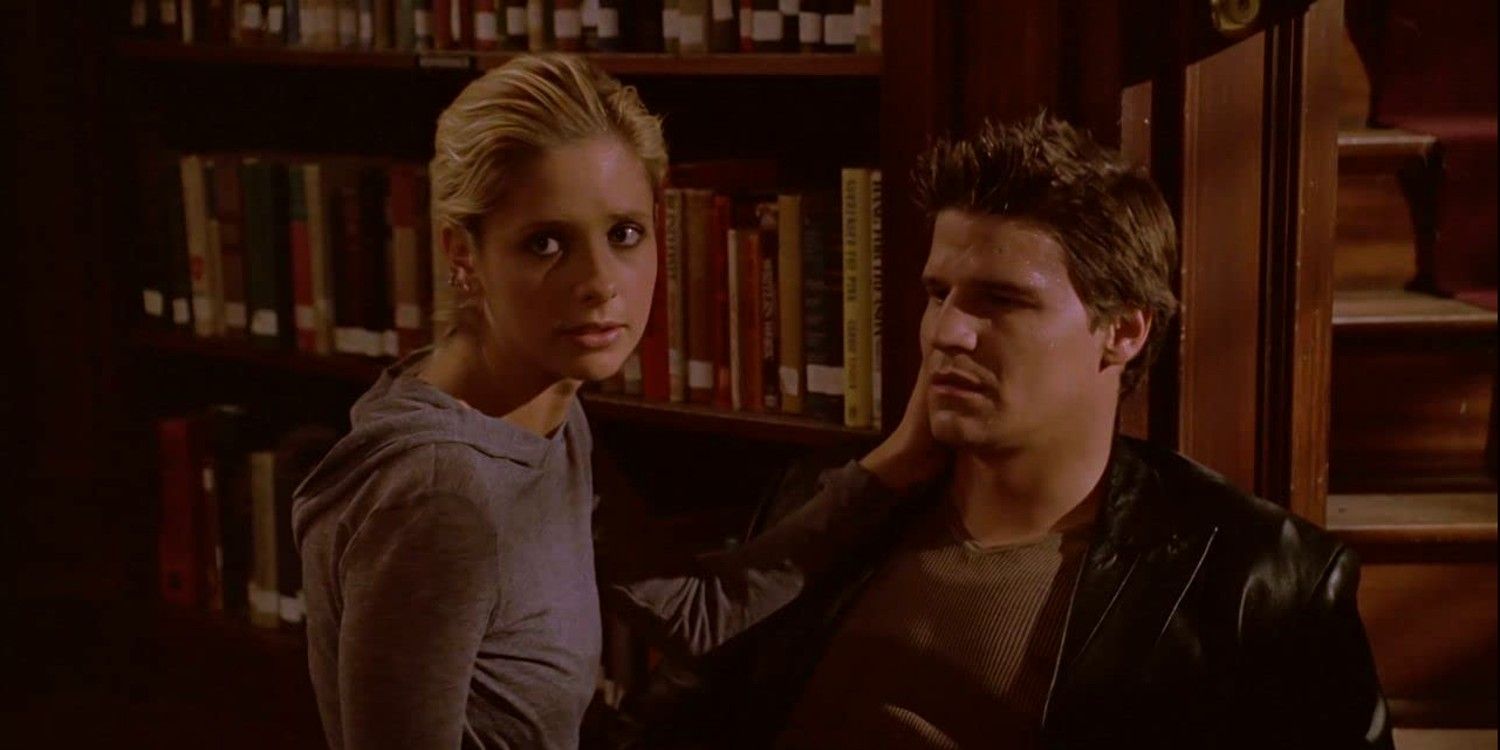 Buffy and Angel Looking Sad in the library in Buffy the Vampire Slayer season 3