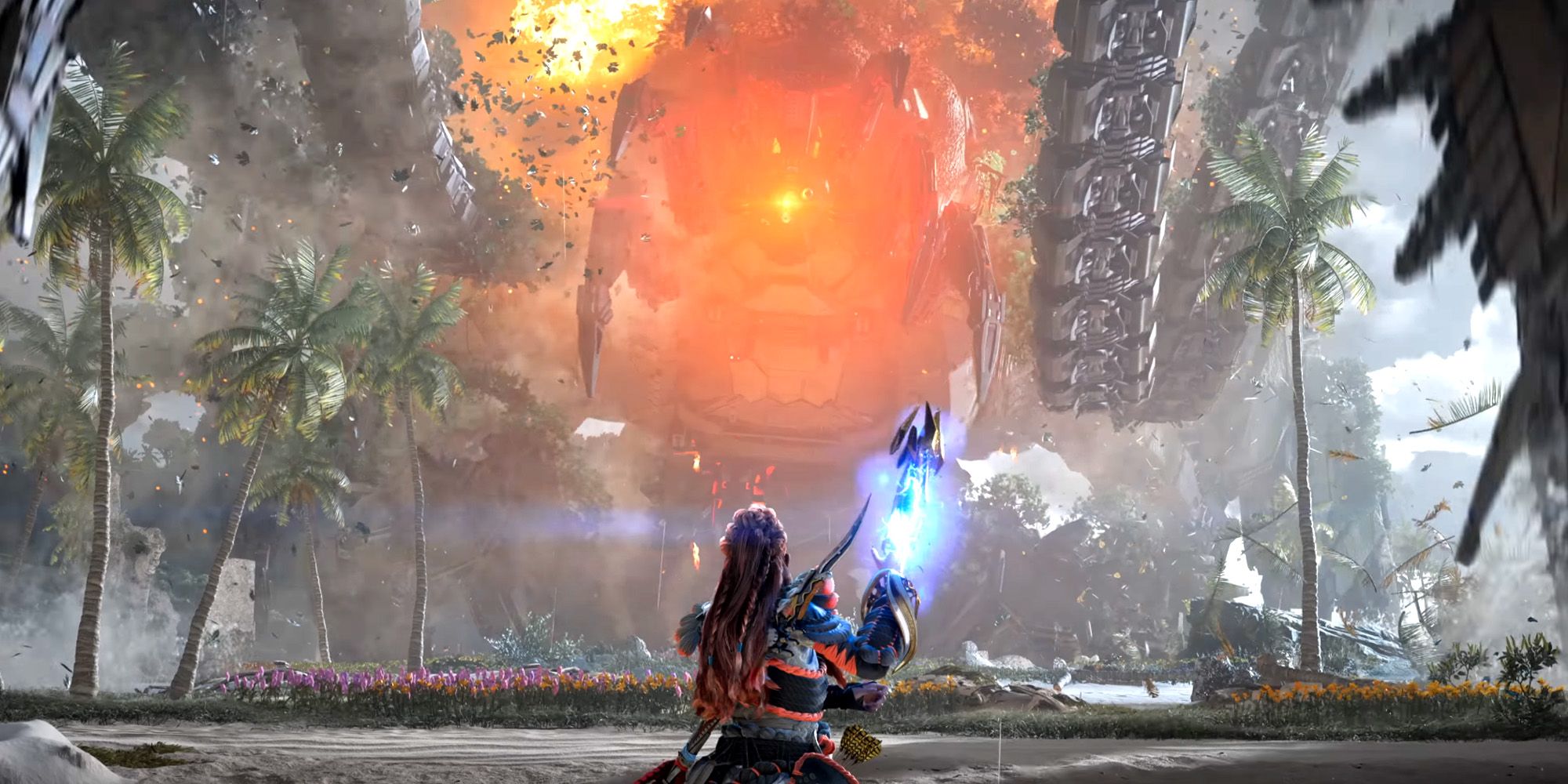 Aloy coming face-to-face with the giant Horus machine in Horizon Forbidden West: Burning Shores.