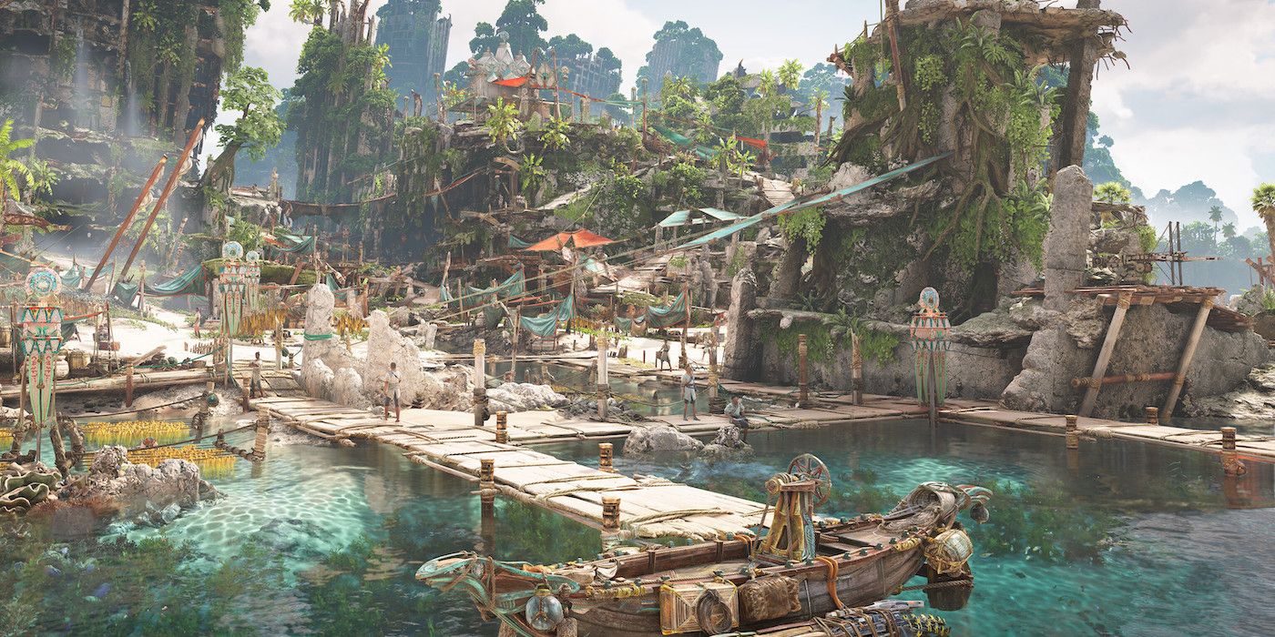 The coastal Quen settlement Fleet&rsquo;s End in the Horizon Forbidden West Burning Shores DLC.