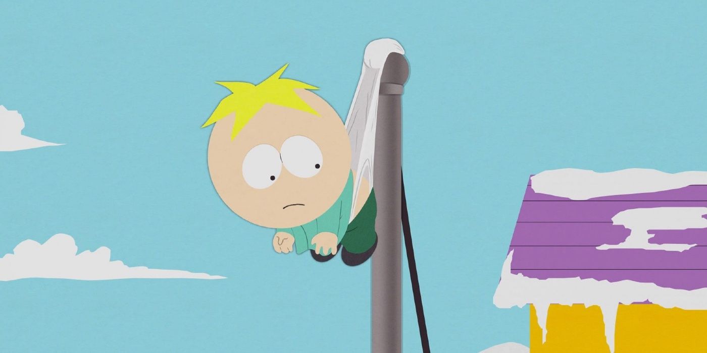 Butters hanging from a flagpole by his underwear in South Park