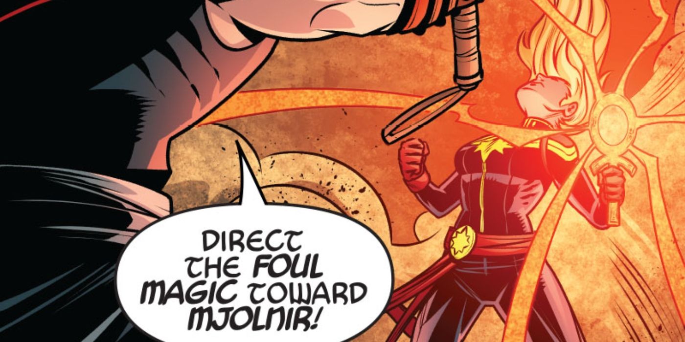 Captain Marvel channeling the power of the Zodiac Key.