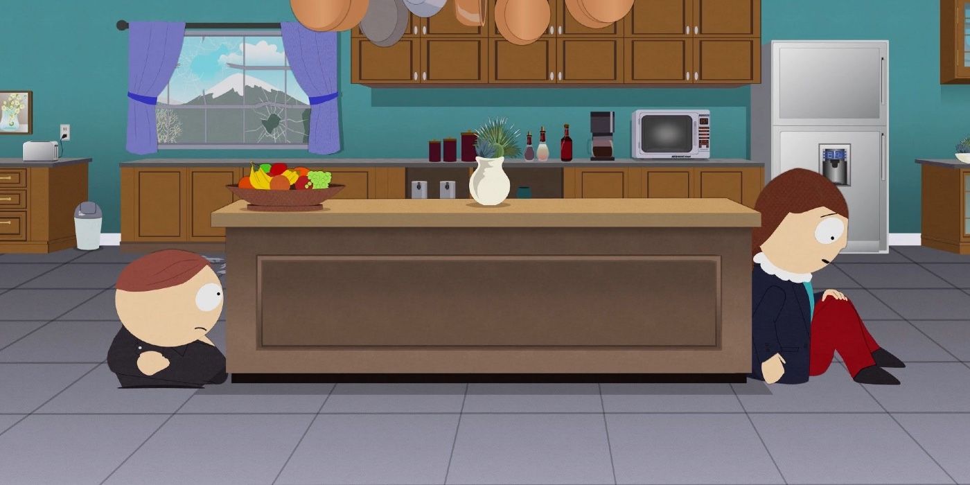 Cartman and his mom in the kitchen in the South Park episode City People