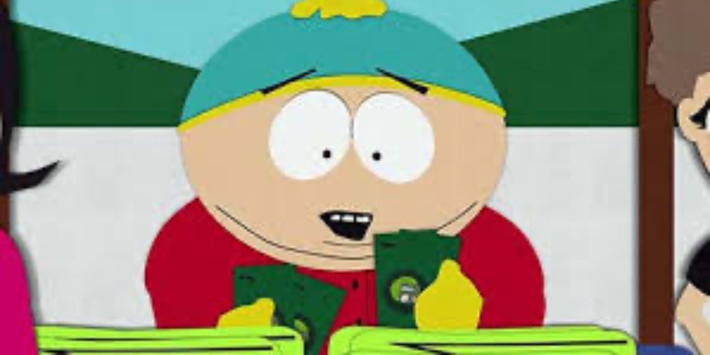 Cartman counting his money in South Park