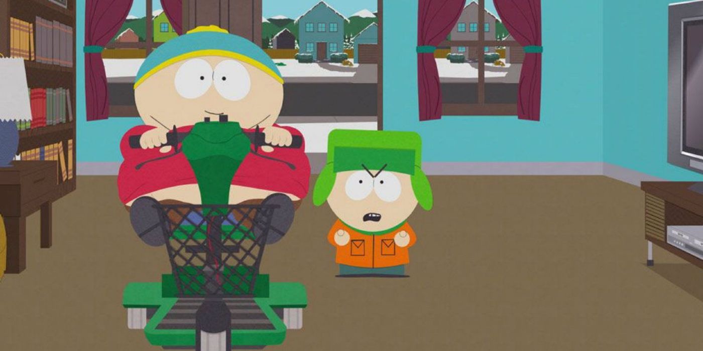 Cartman on a mobility scooter while Kyle yells at him
