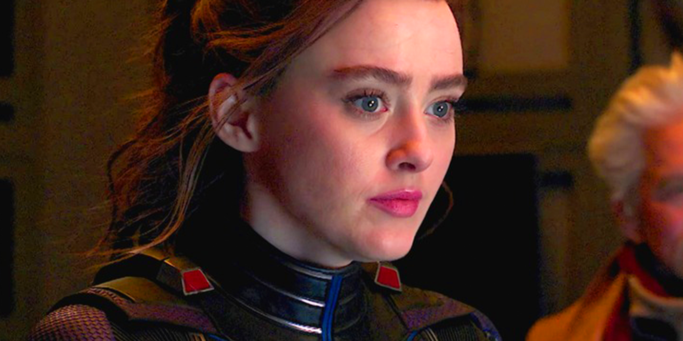 Cassie Lang looks concerned while wearing her Pym Tech suit in Ant-Man and the Wasp: Qauntumania.