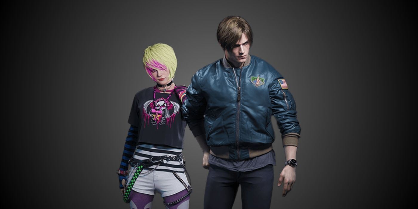 Ashley and Leon wearing their Casual costumes in the RE4 remake against a black and grey gradient background.
